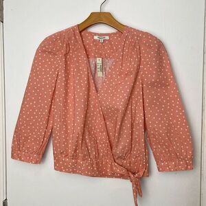 Madewell Star Scatter Wrap Top Peach Blush 100% Cotton 3/4 Sleeve‎ Tie Waist XS